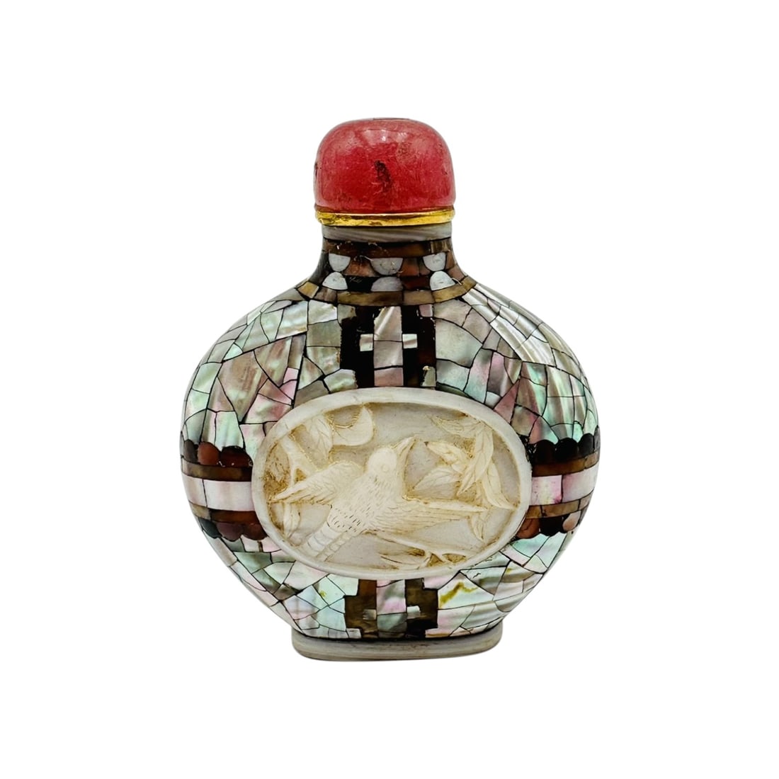 Chinese Export Mother-of-Pearl Inlaid Snuff Bottle with Carved Jade Panel, Qing Dynasty, 19th Centur (1 of 4)