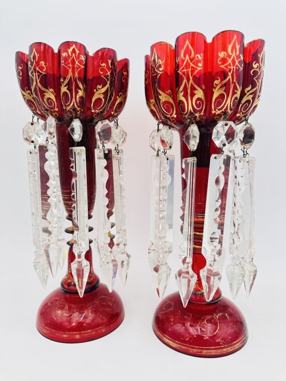 Pair of 19th Century Bohemian Ruby Red Glass Mantel Lustres with Gilded DecorationA striking pair: Pair of 19th Century Bohemian Ruby Red Glass Mantel Lustres with Gilded Decoration A striking pair of 19th-century Bohemian ruby red glass mantel lustres, each featuring a deeply scalloped rim, rich c