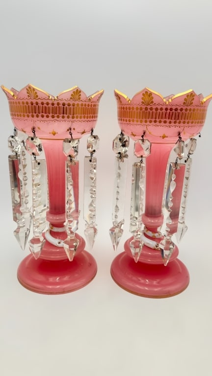 Pair of Bohemian / Czech Glass Lustres (Girandoles glass ) Lustres: Pair of Bohemian / Czech Glass Lustres (Girandoles)Early–Mid 20th Century A decorative matched pair of Bohemian (Czech) glass lustres, each formed of cranberry-pink gradient glass with gilt-enamel d
