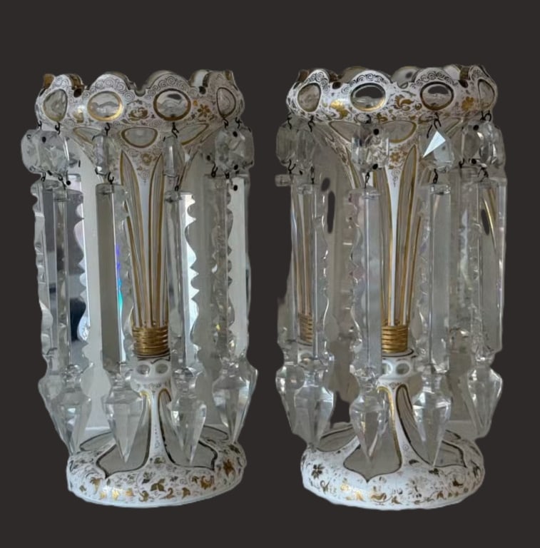 A decorative pair of Bohemian glass lusters, each formed with a white bohmeain glass stem and (1 of 1)