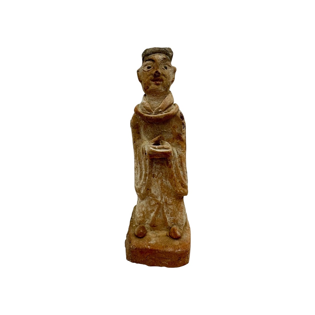 A Chinese pottery standing figure, modelled as a robed official with hands held before the chest, (1 of 7)