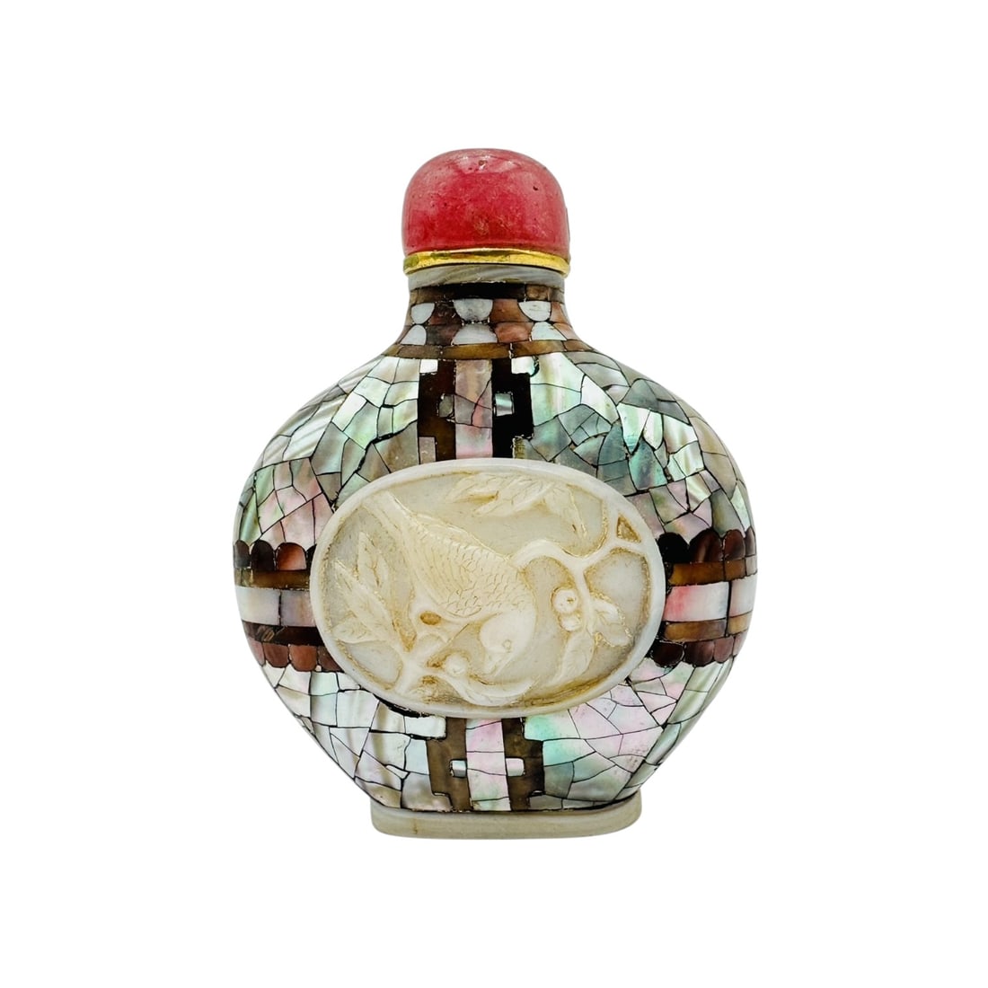 A finely crafted Chinese export snuff bottle of rounded form, richly inlaid with mother-of-pearl (1 of 4)