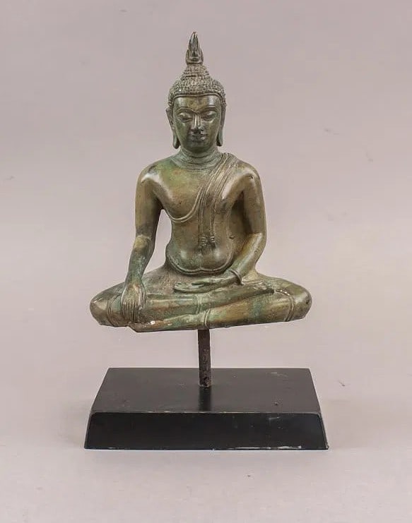 Chinese bronze carved Buddha sculpture, seated in Bhumisparsha mudra with right hand touching the (1 of 1)