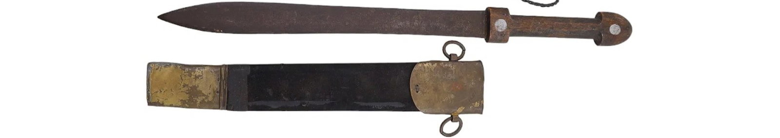 Antique Islamic Kindjal Dagger with Decorated Scabbard A traditional Kindjal dagger, likely 19th: Antique Islamic Kindjal Dagger with Decorated Scabbard A traditional Kindjal dagger, likely 19th century, featuring a straight, double-edged steel blade with dark patina from age. The wooden hilt has