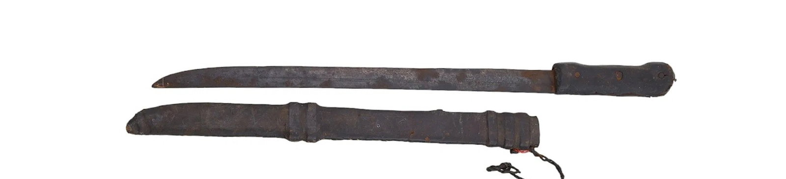 Antique Islamic Kindjal Dagger with Leather Scabbard ? Rustic Tribal ExampleAn antique tribal: Antique Islamic Kindjal Dagger with Leather Scabbard ? Rustic Tribal ExampleAn antique tribal Kindjal dagger, featuring a long, narrow, double-fullered steel blade showing natural oxidation and wear f