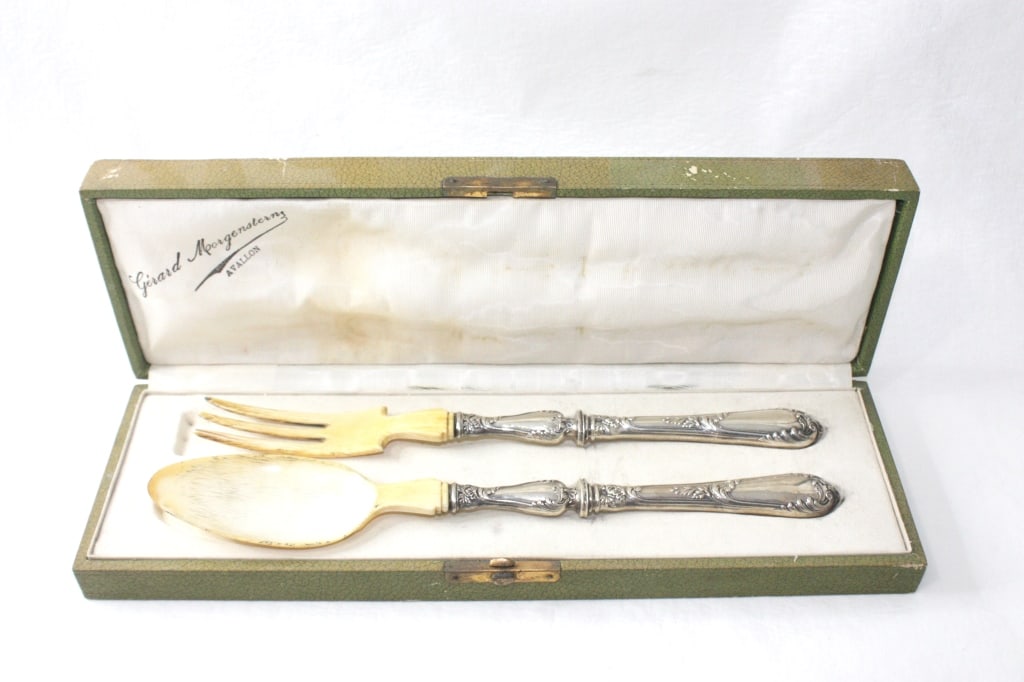 Antique French Silver and Carved Salad Serving Set in Original Box ? Girard Morgantenz,: Antique French Silver and Carved Ivory Salad Serving Set in Original Box – Girard Morgantenz, AvallonAn elegant French two-piece salad serving set, featuring ornate silver-plated handles in a classi