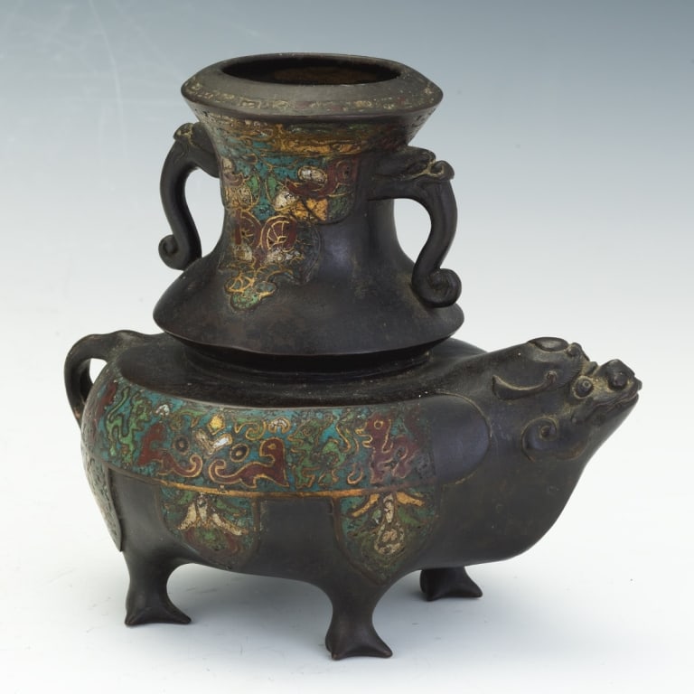 Japanese Antique Bronze Cloisonne Enamelled Mythical Beast Vase, Edo / Meiji 7 ?" x 8 ?" x 5 ?": Japanese Antique Bronze Cloisonne Enamelled Mythical Beast Vase, Edo / Meiji 7 ?" x 8 ?" x 5 ?" Cast patinated bronze vase, fashioned as a mythical beast, double handles tapered top,