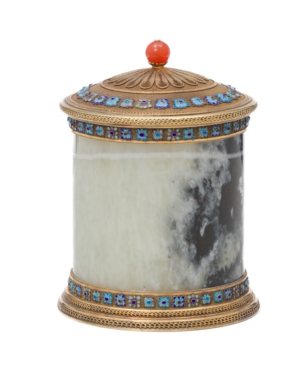 Circular tea caddy in gilt silver, filigree, enamel and hardstones, China, 20th century, body of: Circular tea caddy in gilt silver, filigree, enamel and hardstones, China, 20th century, body of the caddy in quartz, enamel decoration of flowers, lid handle in carnelian, hallmarked SILVER under the