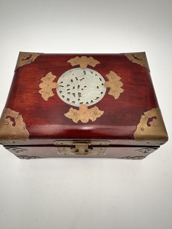 Chinese rosse wood Jewelry Box with Brass Mounts and Jade Plaque Early to Mid-20th Century An: Chinese rosse wood Jewelry Box with Brass Mounts and Jade Plaque Early to Mid-20th Century An elegant Chinese jewelry box crafted from