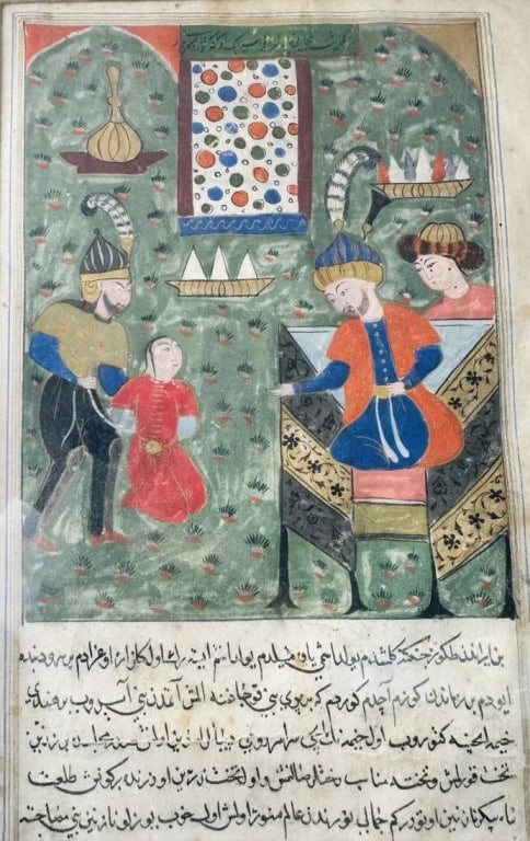 16 centery safavid folio hand painted miniature: A royal court or a throne scene is depicted, likely set in a garden with a symbolic stylized background of green and floral patterns.A seated figure on the right—clearly a noble or king—dressed in