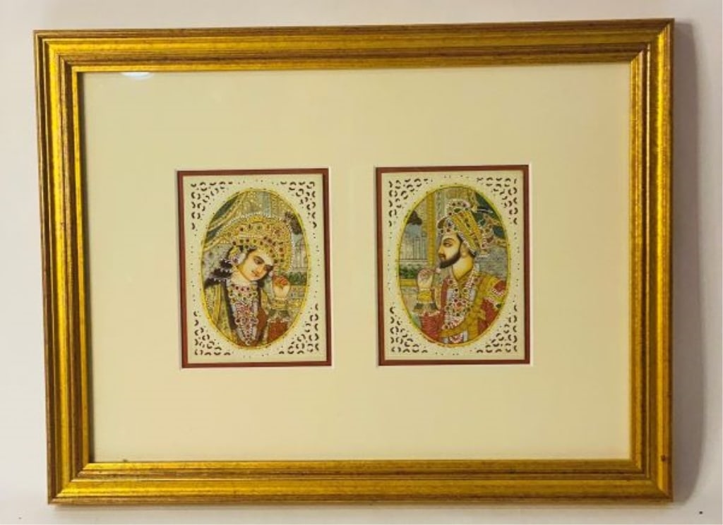 A Framed Indian Miniature Portrait of a Prince and Princess With the Taj Mahal, with real stone: A Framed Indian Miniature Portrait of a Prince and Princess With the Taj Mahal, with real stone jade and ruby . including frame 13.3 x 10.1 in ? 33.8 x 25.6 cm For condition report please contact E-ma