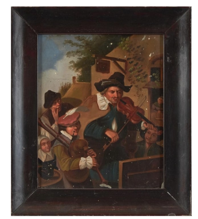 European Miniature Genre Painting, Oil on Panel lively genre scene painting in the manner of the: European Miniature Genre Painting, Oil on Panel lively genre scene painting in the manner of the Dutch or Flemish school, depicting a group of musicians gathered outdoors. At the