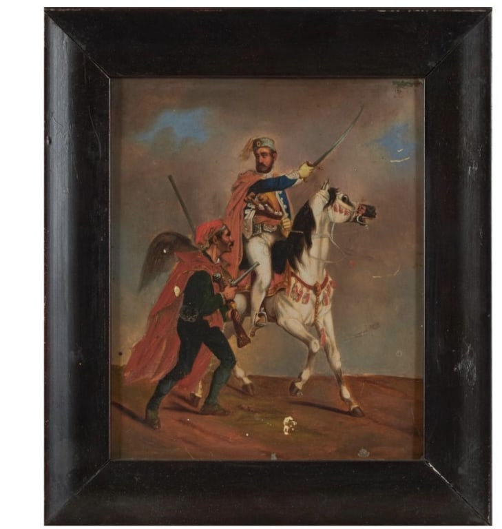 9th CenturyA finely executed European school miniature oil painting, depicting a mounted military: 9th CenturyA finely executed European school miniature oil painting, depicting a mounted military officer wielding a raised sword, accompanied by a foot soldier carrying a firearm. The dynamic composi