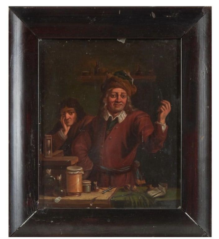 European School Miniature Genre Painting, Oil on Panel18th?19th CenturyA finely executed European: European School Miniature Genre Painting, Oil on Panel18th?19th CenturyA finely executed European school miniature genre painting, depicting an animated interior scene centered around a male figure ge