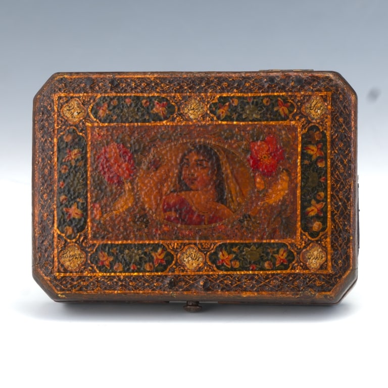Of rectangular form with rounded corners Qajar Dynasty court cosmetic box, traditional: Of rectangular form with rounded corners Qajar Dynasty court cosmetic box, traditional Safavid/Qajar cartouches design borders, hinged lid with minute hand painted in polychrome, depicting Classical b