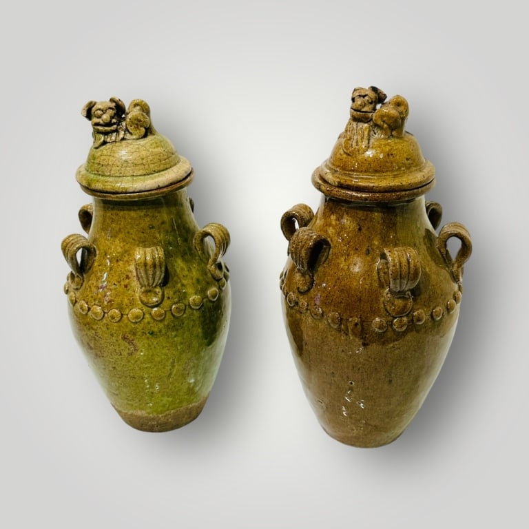 A Pair of Chinese Glazed Stoneware Storage Jars with Covers, Qing Dynasty, 19th CenturyEach jar of (1 of 9)