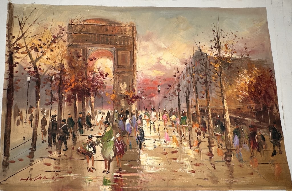 Parisian Street Scene with Arc de Triomphe, Signed Oil on Canvas A vibrant and atmospheric oil: Parisian Street Scene with Arc de Triomphe, Signed Oil on Canvas A vibrant and atmospheric oil painting on canvas, depicting a bustling Parisian street