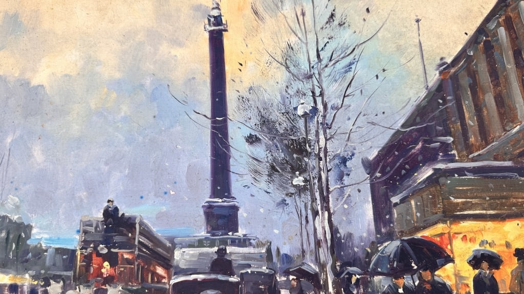 European School (Possibly British), 20th Century ? Winter Street Scene, Trafalgar Square,: European School (Possibly British), 20th Century ? Winter Street Scene, Trafalgar Square, LondonOil on canvas depicting a bustling London street in winter, with Nelson?s Column rising at center, horse