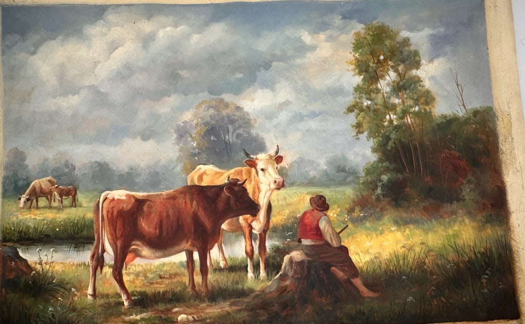 P. Saraddy (Signed and Dated 1996) ? Pastoral Scene with Cattle and Shepherd Oil on Canvas A: P. Saraddy (Signed and Dated 1996) ? Pastoral Scene with Cattle and Shepherd Oil on Canvas A serene and idyllic rural landscape painted