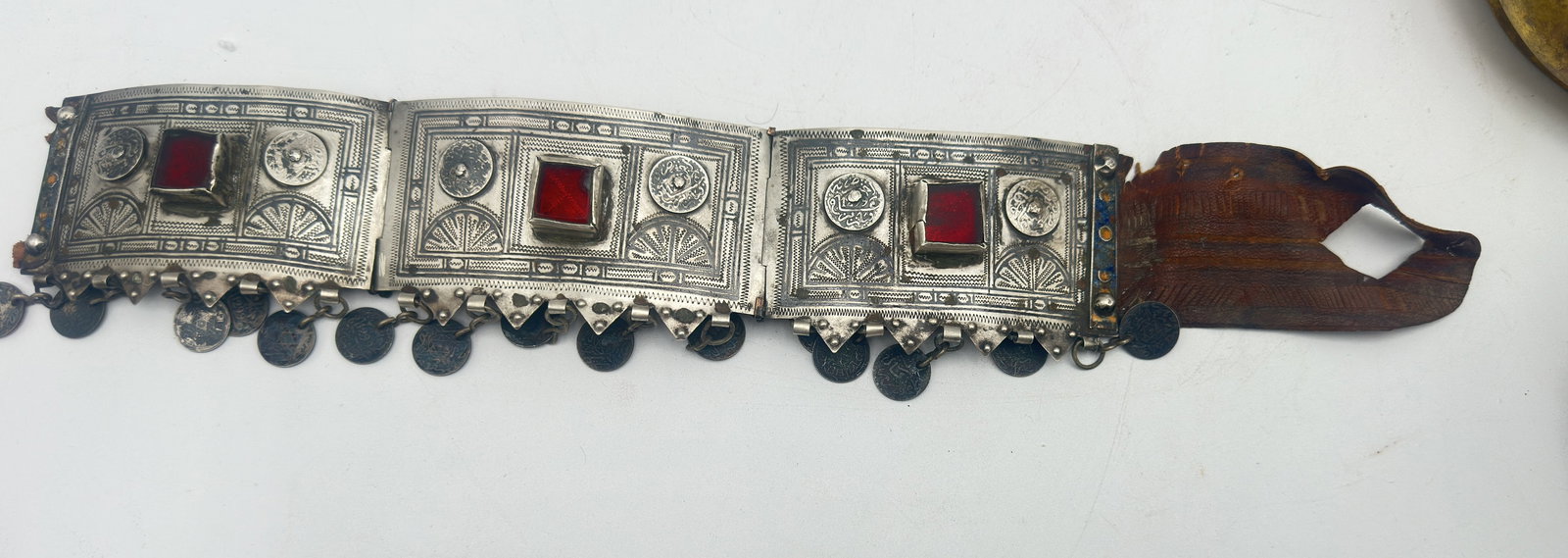 Vintage moroccan moulay al-hasan coin 1299 date middle eastern Tribal Belt with and Red Glass (1 of 5)