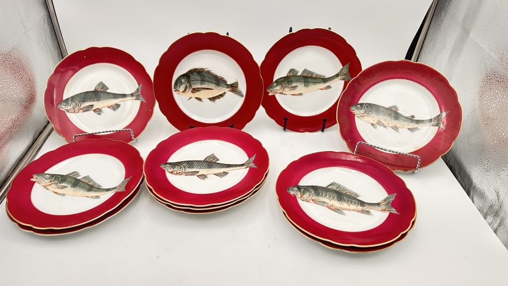 Set of 11 Carlsbad Austria Hand-Painted Fish Plates, Early 20th Century A fine set of nine: Set of 11 Carlsbad Austria Hand-Painted Fish Plates, Early 20th Century A fine set of nine hand-painted porcelain fish plates by Carlsbad, Austria, each featuring a detailed