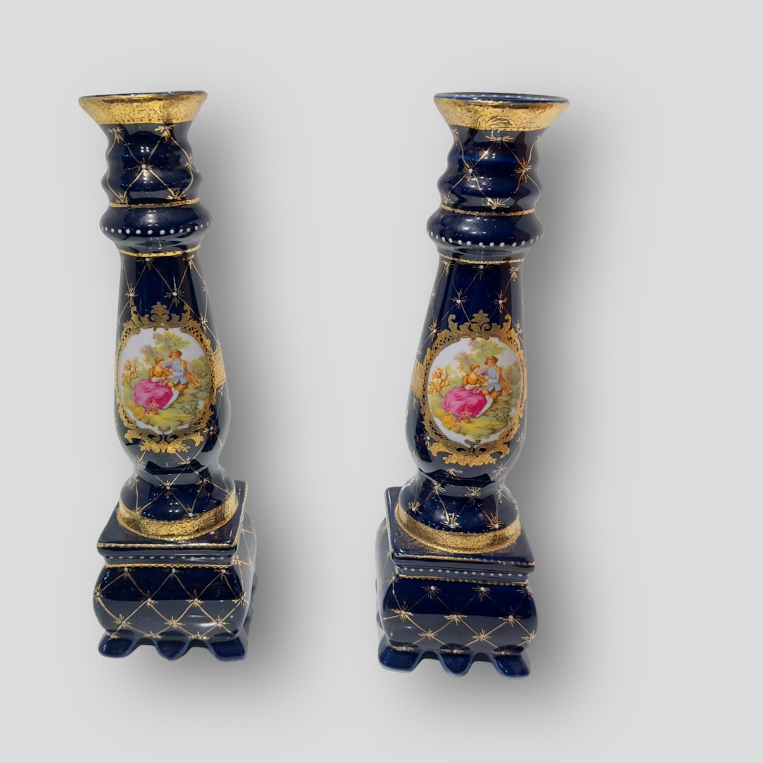 Pair of Limoges-Style Porcelain Candlesticks ? 20th Century, Cobalt Blue with Gilt and Romantic (1 of 6)