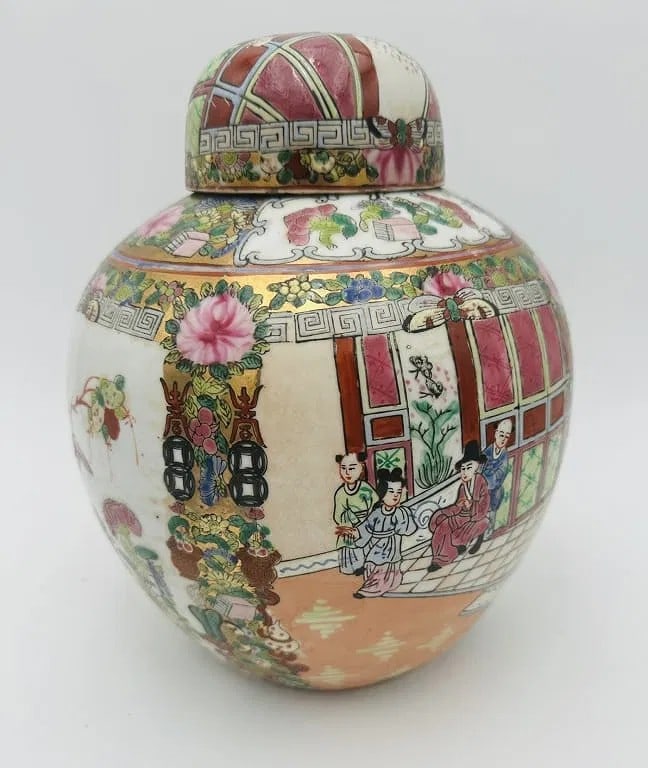 Chinese Famille Rose Covered Jar, A finely hand-painted porcelain covered jar, richly decorated in (1 of 5)