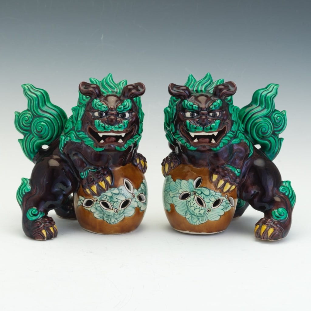 Pair of Glazed Ceramic Foo Dogs (Shi Shi) with Pierced Balls 7 ?"H x 6 ?"W x 5 ?"D glazed ceramic (1 of 7)