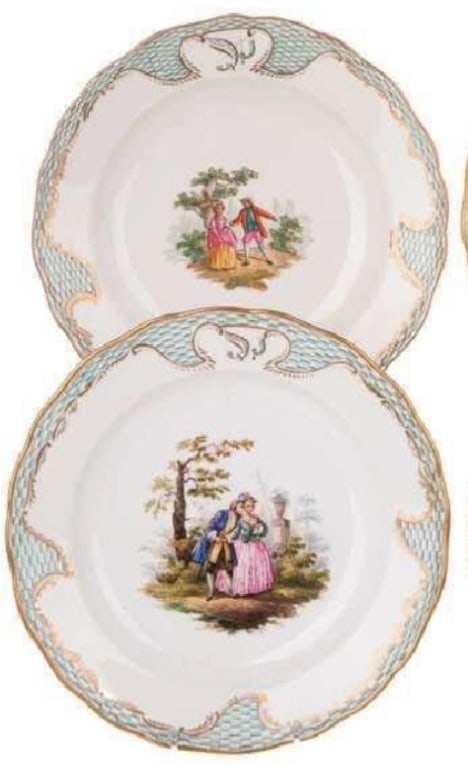 Pair of Meissen Porcelain Plates, 19th Century Each finely hand-painted with Watteau-style (1 of 1)