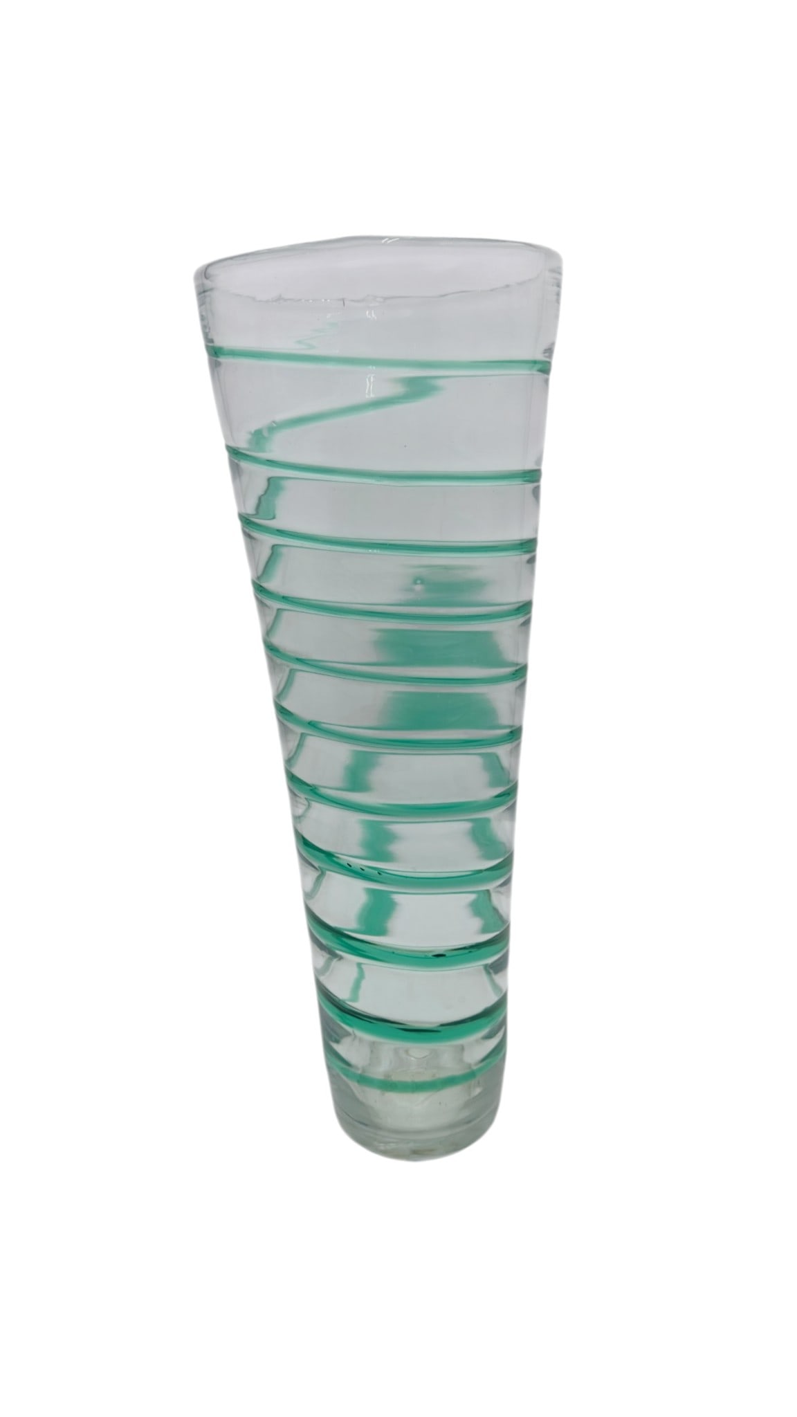 A tall hand blown clear glass vase featuring a tapered form with a slightly flared rim. The body (1 of 2)