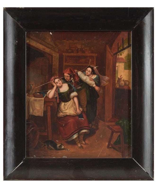 19th CenturyA charming European school miniature genre painting, depicting a lively domestic: 19th CenturyA charming European school miniature genre painting, depicting a lively domestic interior scene with three female figures engaged in a moment of playful interaction. The central seated fig