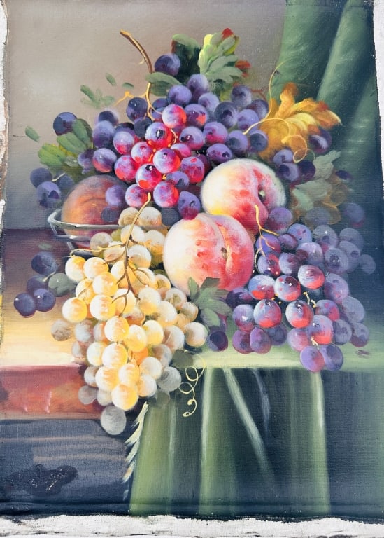 Continental School, Still Life with Peaches and Grapes Oil on Canvas A vibrant and finely detailed (1 of 2)
