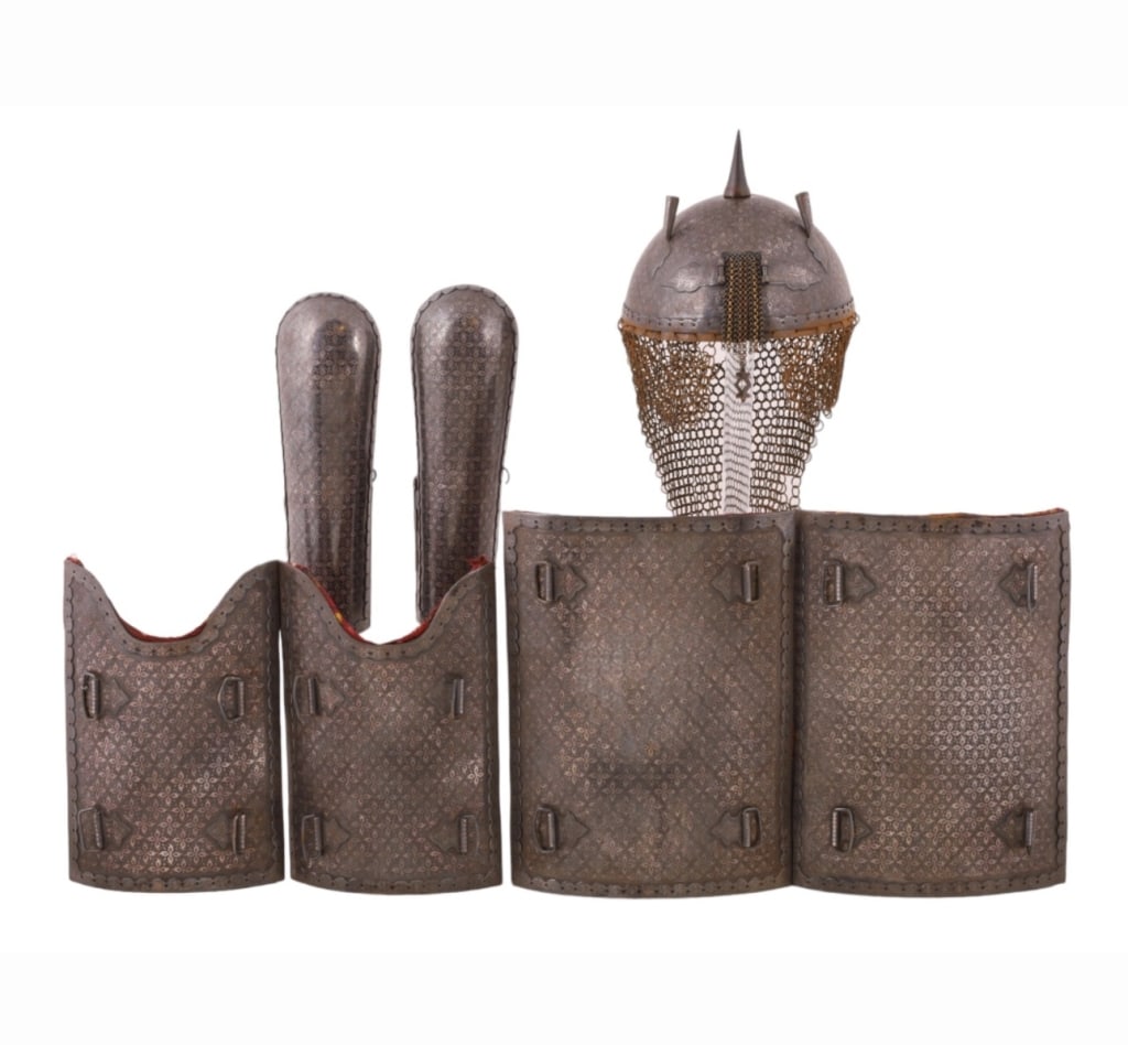 19th Persian / Central Asian Silver-Inlaid Mail and Plate Armor Set An impressive mail and plate: 19th Persian / Central Asian Silver-Inlaid Mail and Plate Armor Set An impressive mail and plate armor ensemble, comprising a riveted steel helmet with central spike and attached chainmail