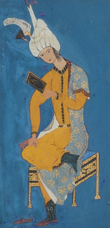 Persian Safavid-Style Miniature Painting of a Seated Nobleman, 17th?18th Century Style A finely: Persian Safavid-Style Miniature Painting of a Seated Nobleman, 17th?18th Century Style A finely rendered Persian miniature depicting a seated nobleman reading a book, dressed in an ornate yellow and