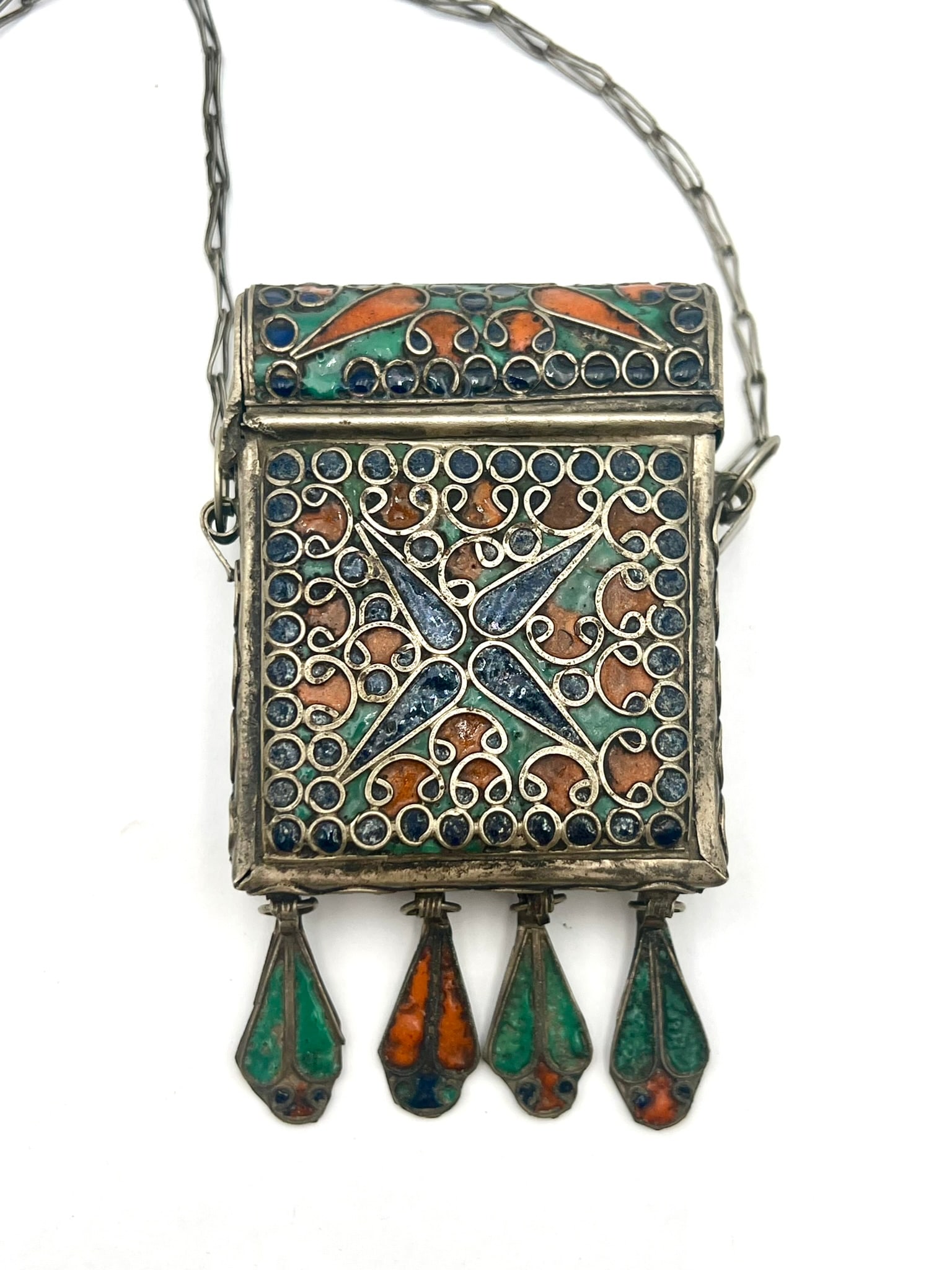 Moroccan Cloisonné Enamel Amulet Case / Pendant Box koran Qur'an holder: A finely crafted Moroccan amulet case featuring intricate cloisonné enamel decoration in rich blue, green, and orange tones with scrolling foliate and geometric motifs. Rectangular in form with suspe