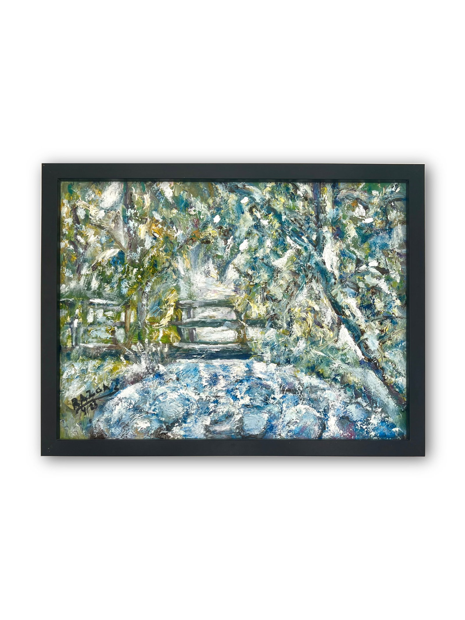 Signed Oil on Canvas, Abstract Landscape Composition RAZOA: A signed oil on canvas depicting an expressive abstract landscape or woodland scene, executed in layered impasto brushwork with dynamic tones of blue, green, white, and earthy accents. The composition