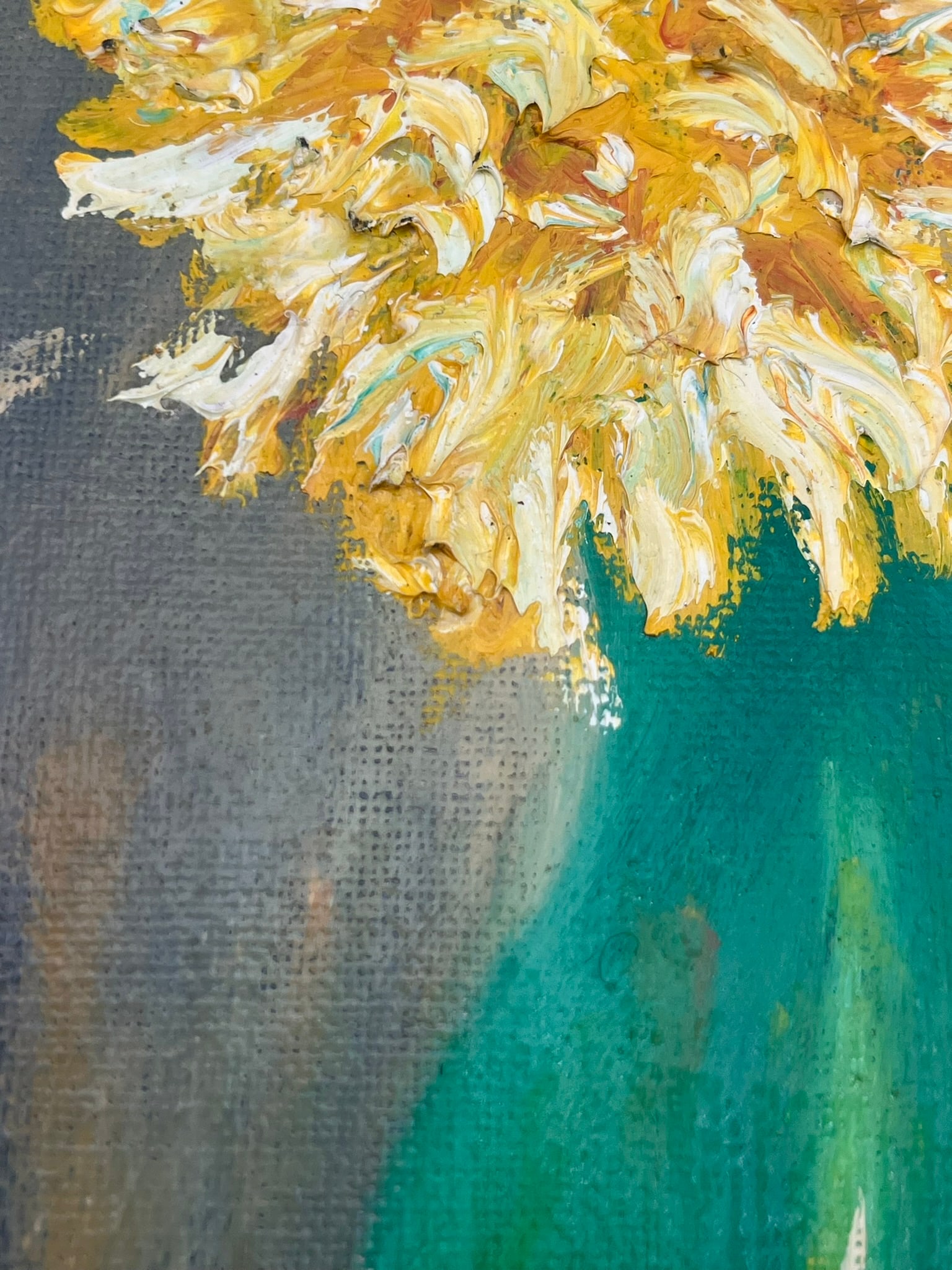 Signed Oil on Canvas, Floral Still Life: A signed oil on canvas depicting a floral still life composition featuring a bright yellow bloom displayed in a vibrant green vase. Executed in expressive brushwork with rich tones of green, gold, and