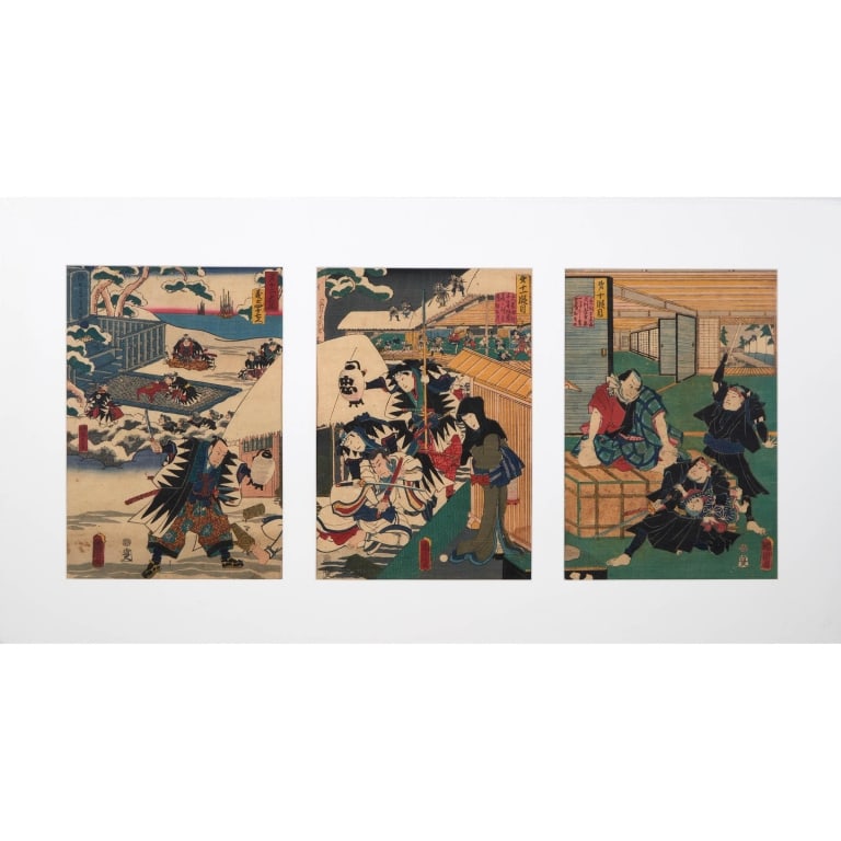 3 Japanese Ukiyo-e Triptych Woodblock Prints, 19th A dynamic and visually engaging set of three (1 of 1)
