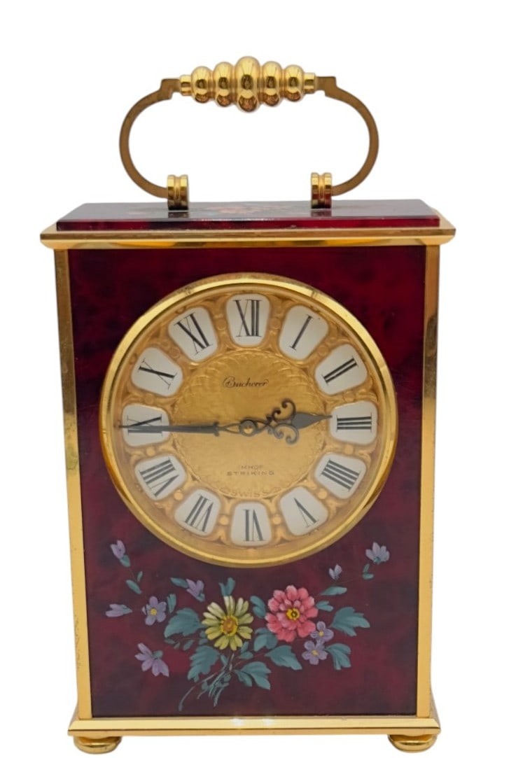 VINTAGE BUCHERER IMHOF SWISS STRIKING CLOCK Bucherer, Imhof, a vintage table clock with hand-painted (1 of 8)