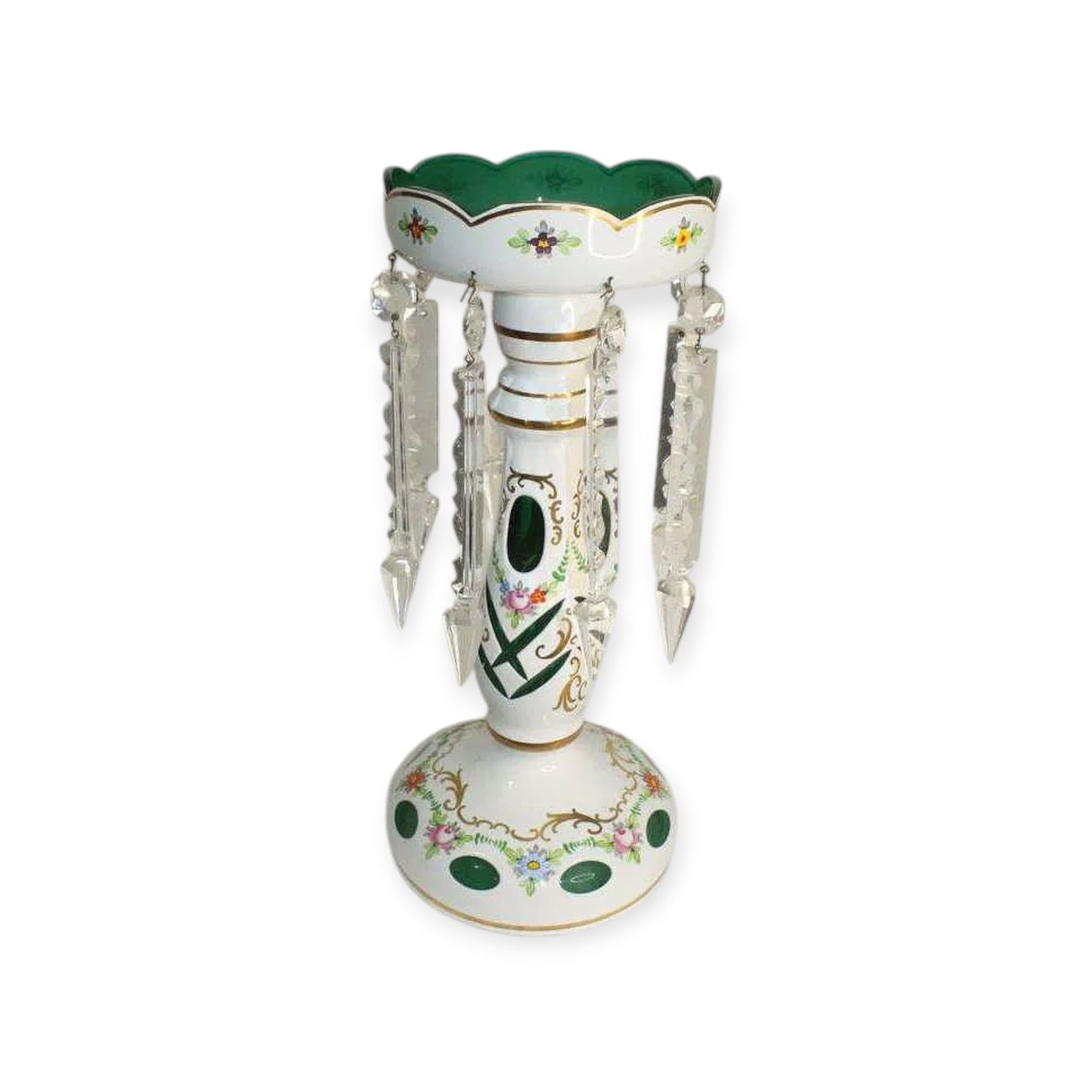 Green and White Antique Bohemian Mantel Luster Green and White Antique Bohemian Mantel Luster. The: Green and White Antique Bohemian Mantel Luster. The body of the handpainted gold and green hues, representations of flowers and ornate swirl patterns. 14 inch high Buyer's Premium