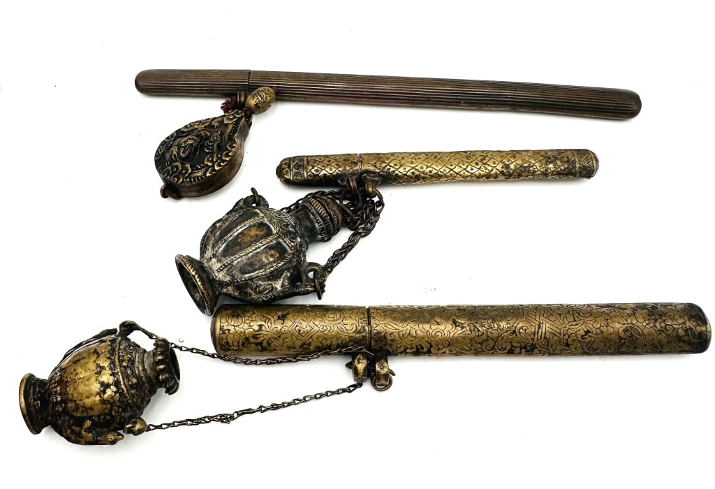 three 19th Antique Nepalese Pen Case Inkwell Withl A rare group of handcrafted Nepalese brass pen (1 of 2)