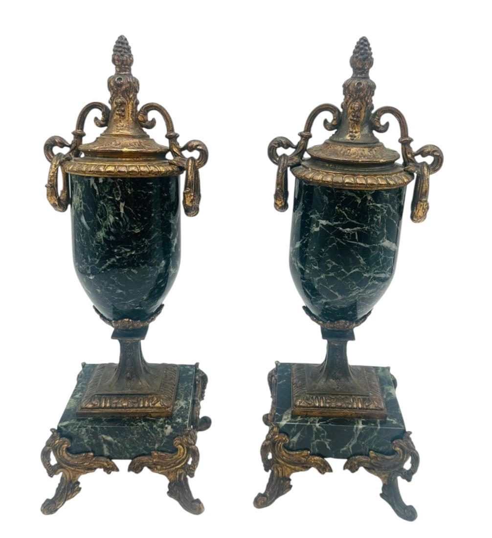 Pair of Green Marble and Gilt Metal Mounted Urns,y A decorative pair of classical form urns, each (1 of 8)