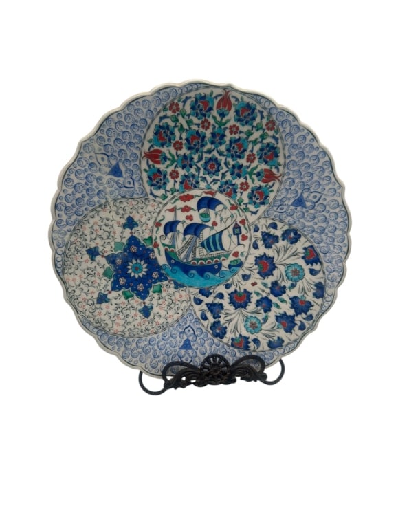 Turkish Iznik Style Ceramic Plate with Ship Decorn A decorative ceramic plate executed in the Iznik (1 of 7)