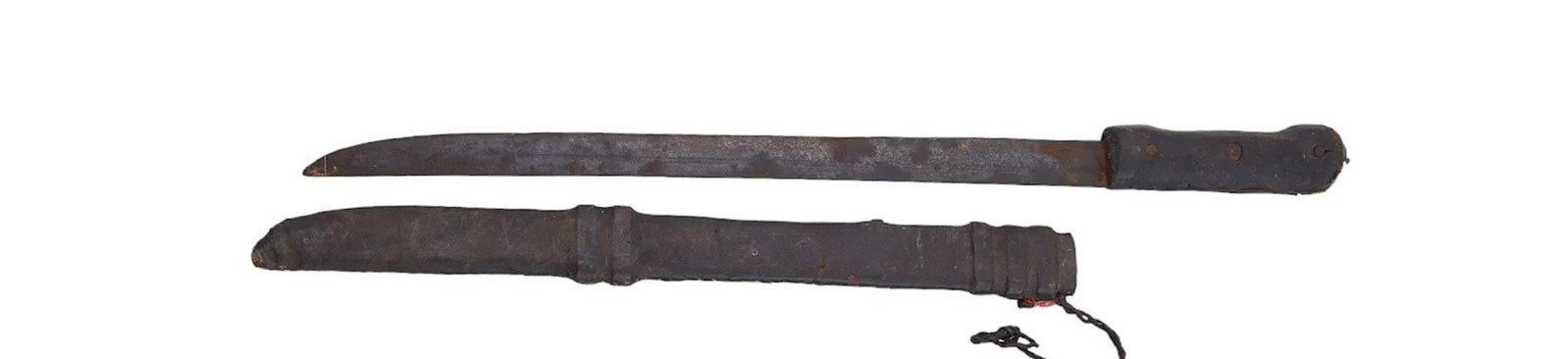 19 TH KINDJAL DAGGERS Antique Islamic Kindjal Dagger with Leather Scabbard ? Rustic Tribal ExampleAn: Antique Islamic Kindjal Dagger with Leather Scabbard ? Rustic Tribal ExampleAn antique tribal Kindjal dagger, featuring a long, narrow, double-fullered steel blade showing natural oxidation and wear f