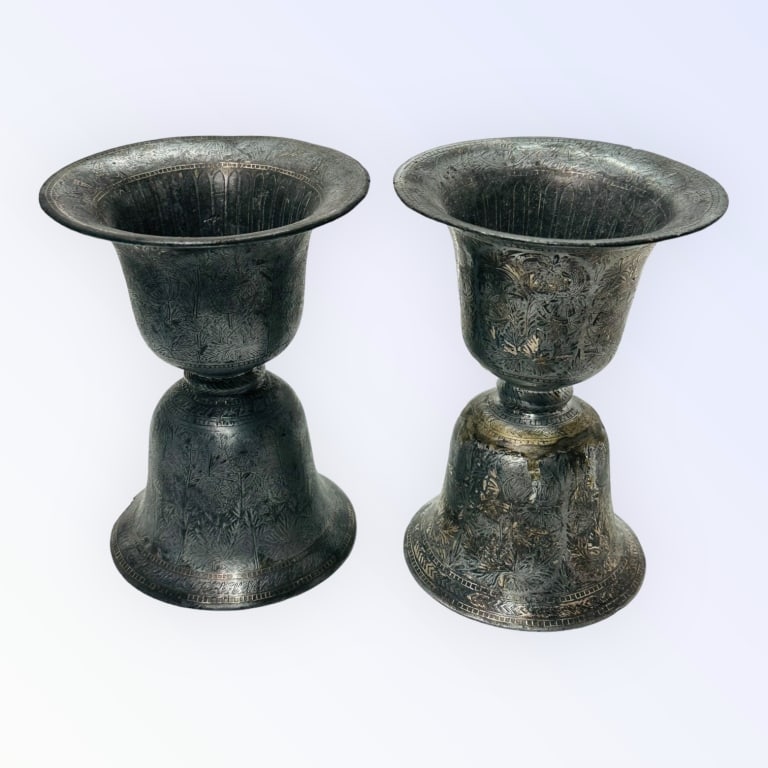Pair of Bidriware Engraved Metal Vases, 19th?Early A striking pair of Bidri metal vases, each with (1 of 8)