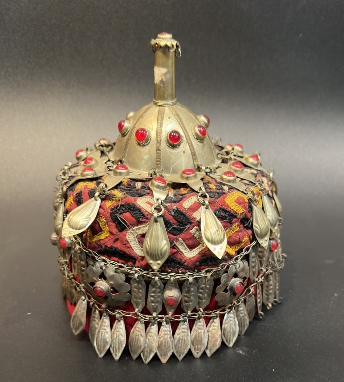 Turkish Ottoman Woman's Copper Ceremonial Hat Turkish Ottoman Woman's Ceremonial Hat with Natural: Turkish Ottoman Woman's Ceremonial Hat with Natural Gemstones, utilized for wedding ceremonies in tribes. The bride would crown this beautiful hand-fabricated copper hat to show her wealth and legitim