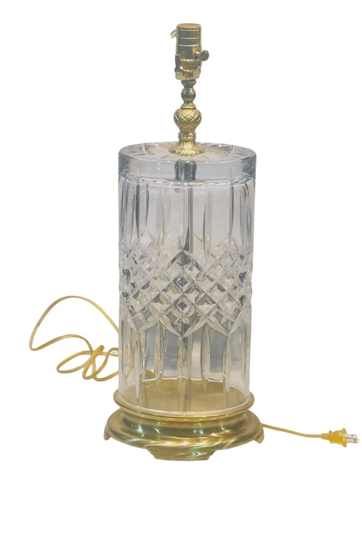 Waterford Style Cut Crystal Table Lamp, Brass Base A decorative table lamp featuring a cylindrical (1 of 3)