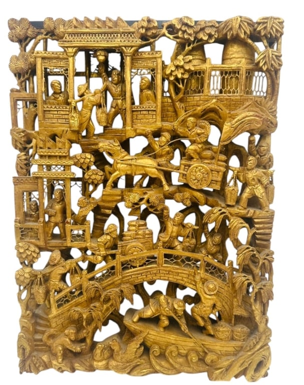 impressive Chinese Carved Wood Figural Panel,19th A finely executed Chinese carved wood panel (1 of 9)
