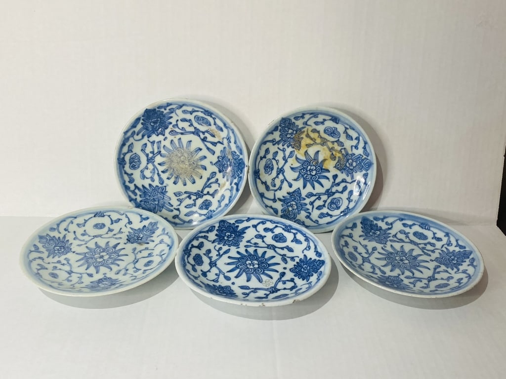 19th centery 5 chines blue & white dish plates A fine set of five Chinese blue and white porcelain: A fine set of five Chinese blue and white porcelain dishes, each hand-painted with floral scroll and lotus motifs in rich cobalt blue underglaze. The reverse sides bear a six-character Kangxi reign ma