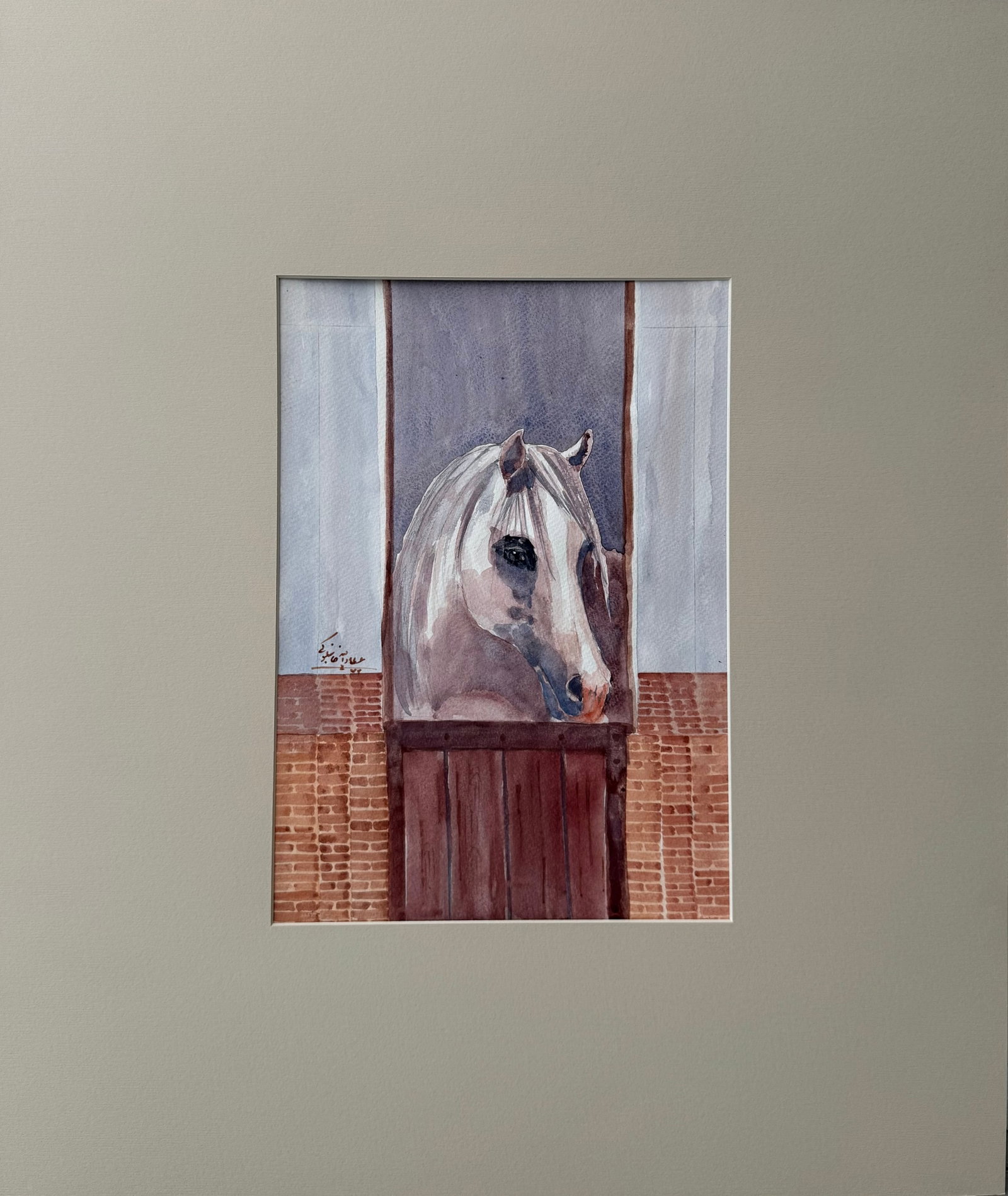 ATA KHANBOLUKI Untitled , 1991 watercolour on Cardboard 36 x 25 cm: ATA KHANBOLUKIUntitled , 1991watercolour on Cardboard36 x 25 cmAn original signed watercolor depicting a white horse standing in a stable doorway. Executed in delicate transparent washes with expressi